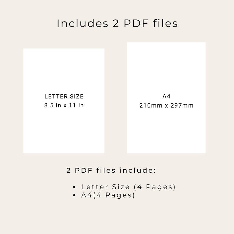Puede incluir: Dos cuadrados blancos con texto negro. El primer cuadrado dice "LETTER SIZE 8.5 in x 11 in". El segundo cuadrado dice "A4 210mm x 297mm". Debajo de los cuadrados, el texto dice "2 PDF files include: &bull; Letter Size (4 Pages) &bull; A4(4 Pages)"