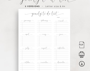Yearly To Do List Printable To Do Yearly Planner PDF Accountability Checklist New Year Resolution PDF A4 US Letter Elegant Yearly Task List