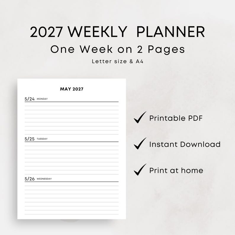 Dated 2027 Weekly Planner One Week on Two Pages Minimalist 2027 Weekly
