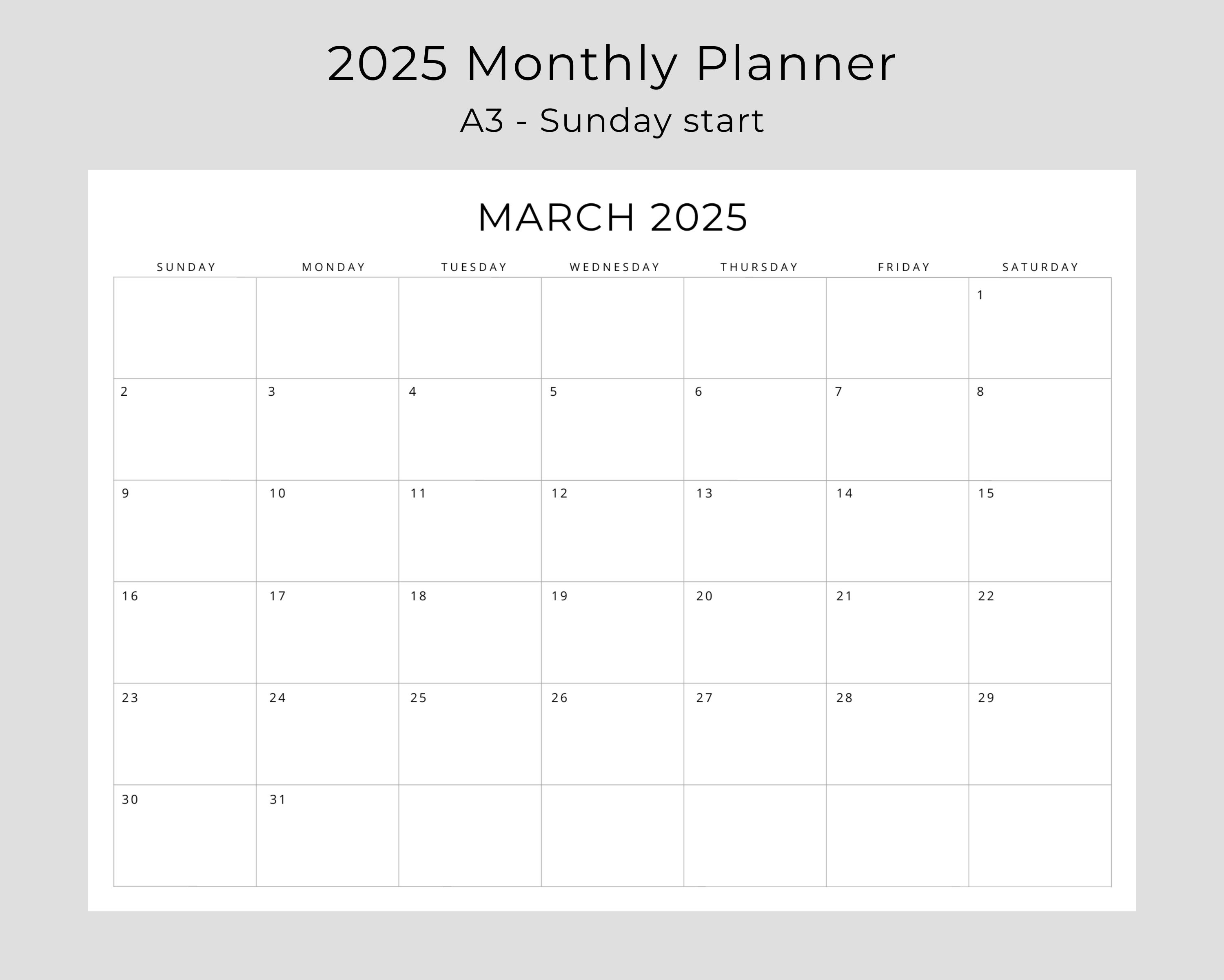2025 Monthly Planner A3 Landscape Minimal Planner Black and White 2025