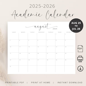 Planificador académico 2025-2026 Calendario docente 2025 2026 Agosto 2025 a julio 2026 Calendario mensual IMPRIMIBLE PDF Horizontal Elegante A4 Carta