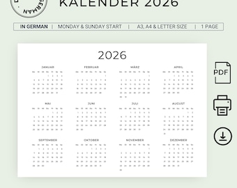 2026 Kalender 2026 Kalender Deutsch Jahreskalender Calendario anual 2026 Calendario de pared IMPRIMIBLE en paisaje alemán A3 A4 Carta Alemania