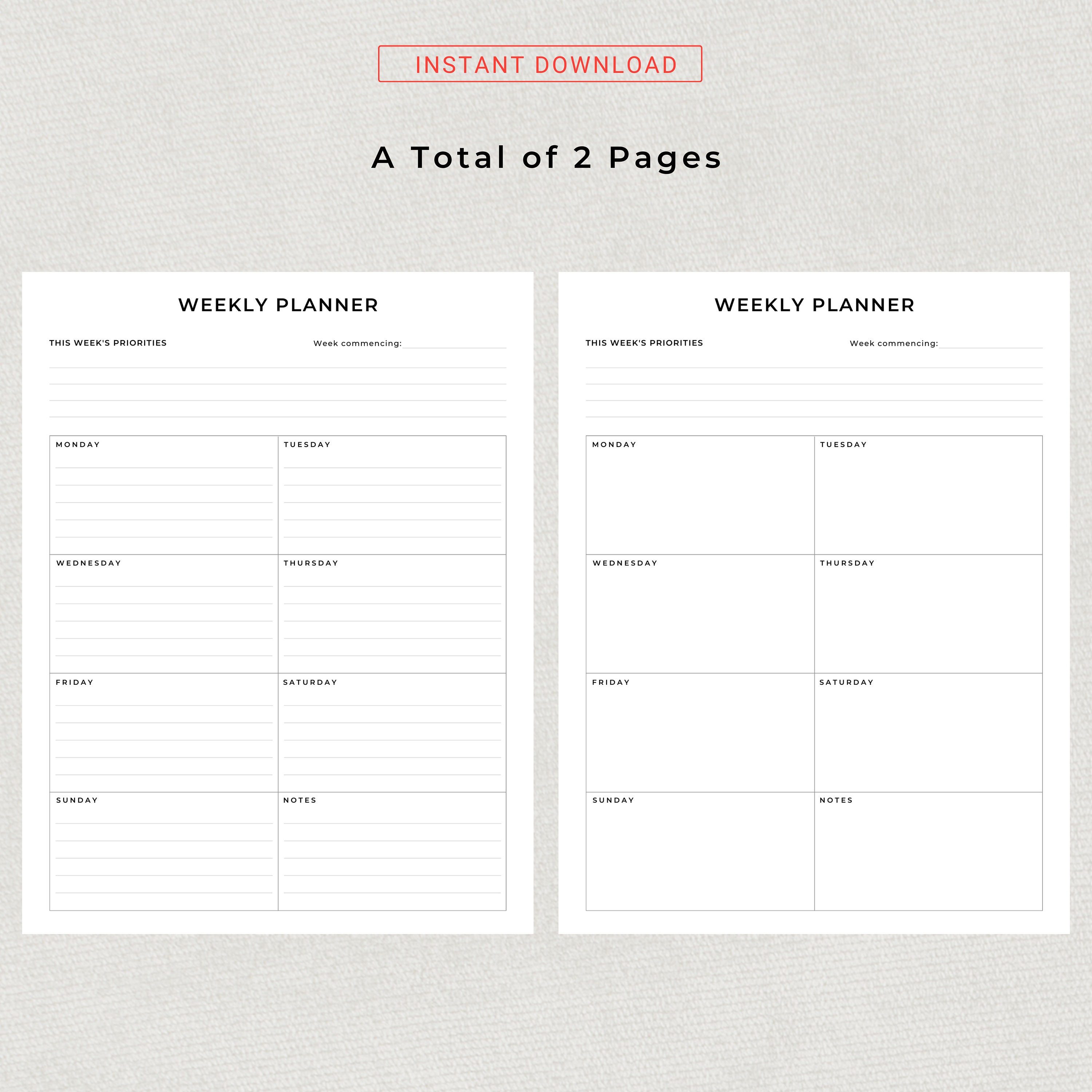Week at a Glance Printable Weekly Planner Minimal Week Overview Office ...