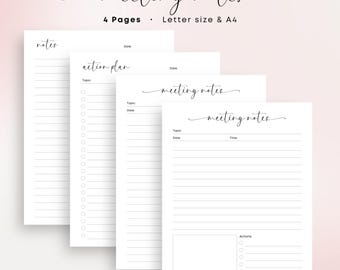 Könnte beinhalten: Ein Stapel weißer Papierblätter mit dem Wortlaut "meeting notes" in eleganter Schrift. Die Seiten enthalten Abschnitte für Notizen, Aktionspläne, Themen, Daten und Zeiten. Der Text "4 Pages" und "Letter size & A4" ist ebenfalls sichtbar.