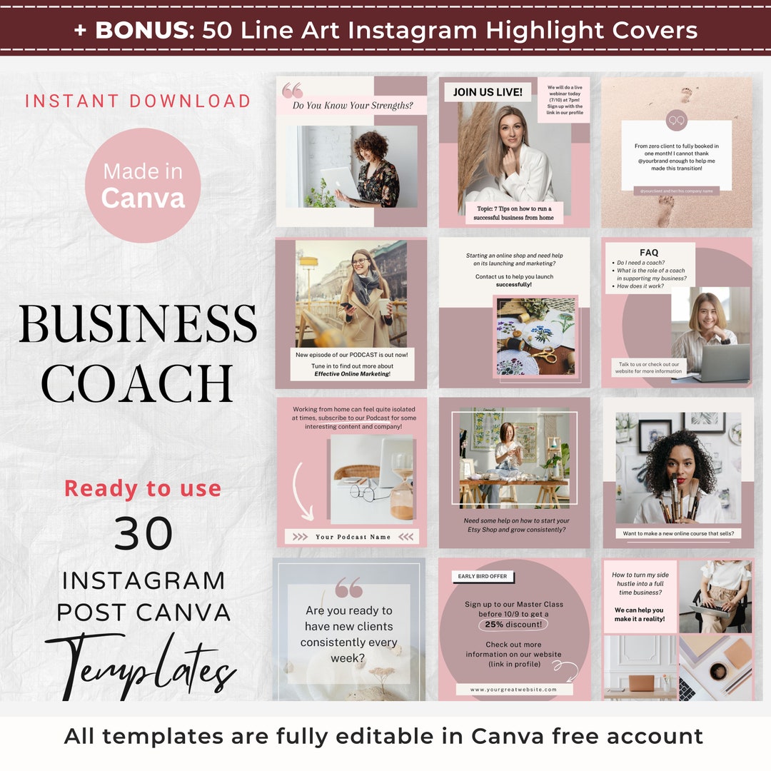 30 Business Coach Instagram Post Canva Templates Business Coaching Pink ...