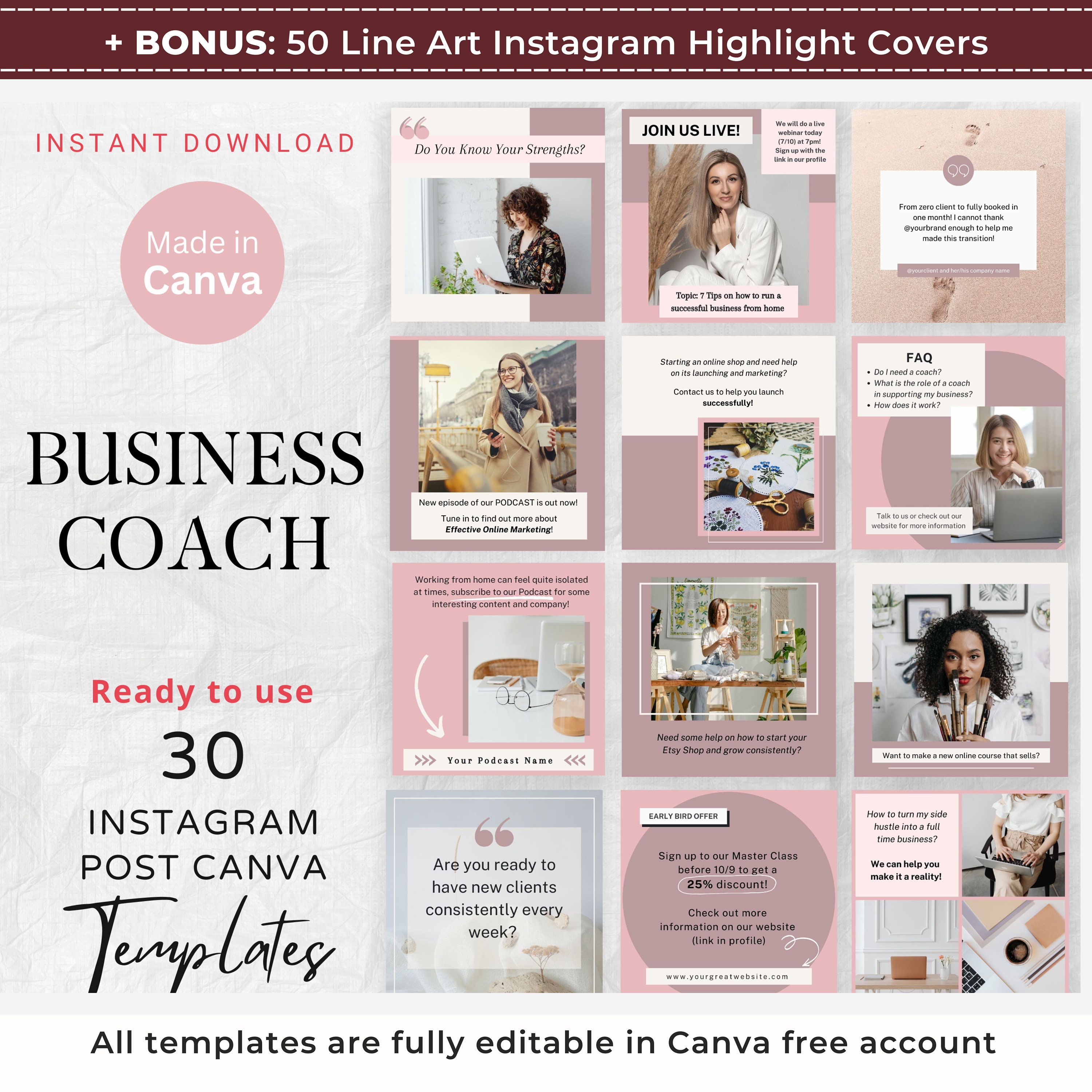 30 Business Coach Instagram Post Canva Templates Business Coaching Pink ...