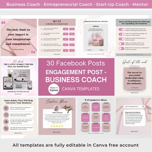 May include: A pink and white graphic with the text "30 Facebook Posts" and "Engagement Post - Business Coach" in a bold, white font. The graphic also includes the text "Made in Canva" and "Canva Templates".