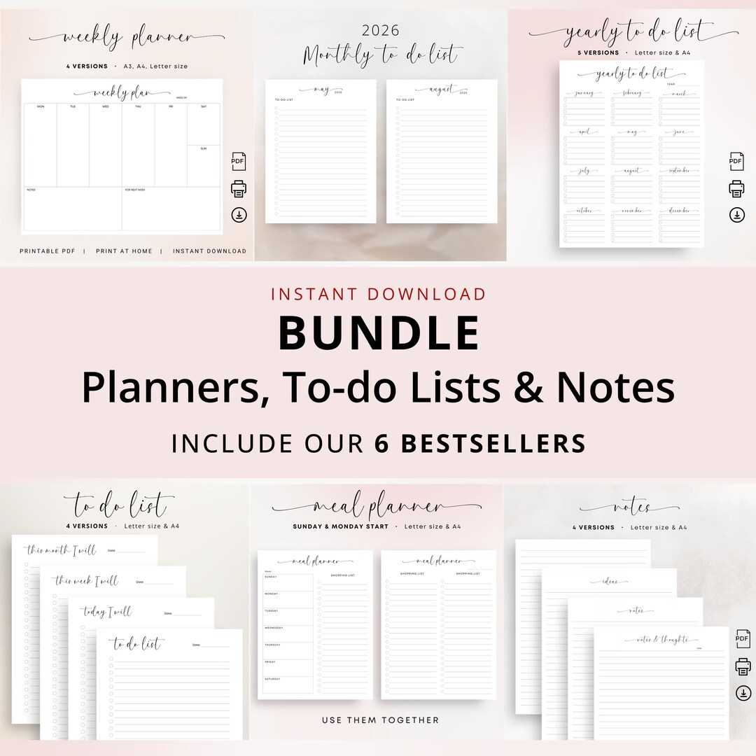 Paper Note Classy BUNDLE Weekly Planner 2026 Monthly Planner Yearly to Do List Daily Meal ...