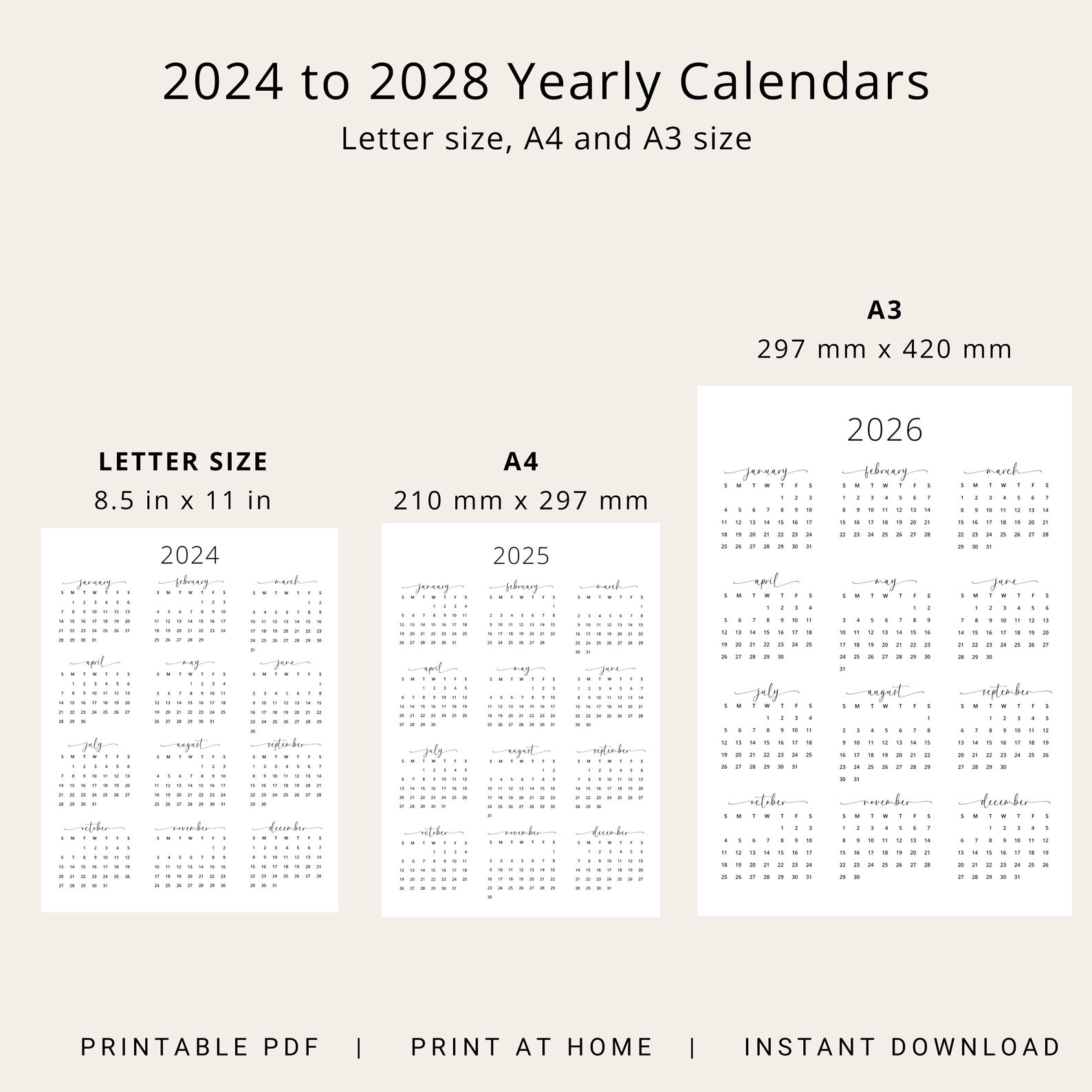 5 Years Calendar 2024-2028 Yearly Calendar 2024 2025 2026 2027 2028 ...