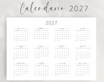 Op de afbeelding: Een witte kalender voor 2027 met het woord "ITALIANO" bovenaan. De kalender is verdeeld in 12 maanden, elk met een klein kalenderraster. De tekst "Calendario 2027" is in cursief geschreven. De woorden "PRINTABLE PDF", "PRINT AT HOME" en "INSTANT DOWNLOAD" staan onderaan.