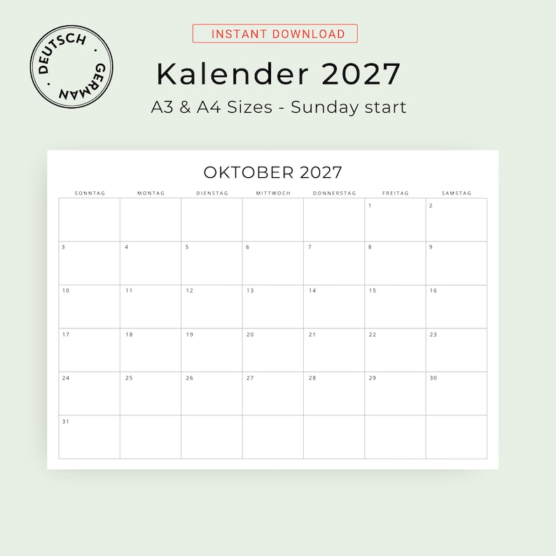 2027 Kalender 2027 Monatskalender 2027 Minimalist German Monthly Calendar PRINTABLE PDF 2027 Monthly Planner Germany A3 A4 Instant Download