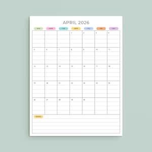 May include: A white calendar page for April 2026, with a grid of boxes for each day. The days of the week are listed across the top in pastel colors. The word "April 2026" is at the top. A section for notes is at the bottom.