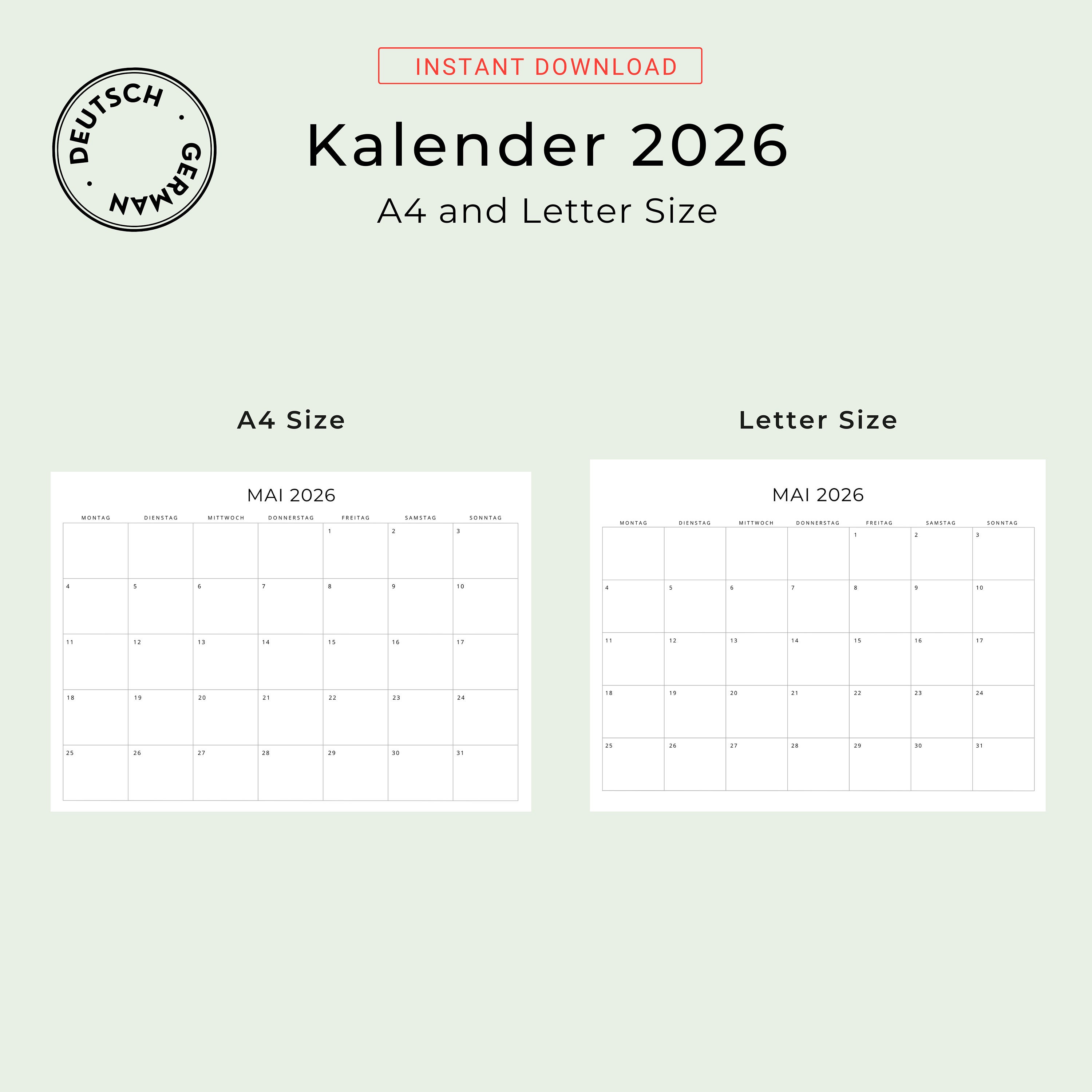 2026 Kalender 2026 Monatskalender 2026 Deutscher Kalender 2026