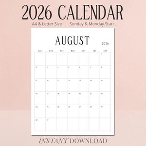 2026 Calendar 2026 Planner Portrait Monthly Calendar 2026 Wall Calendar Printable Desk Calendar Office Planner A4 Letter Size Contemporary
