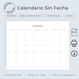 May include: A printable calendar in Spanish with the month of January labeled "Enero". The calendar is designed for Sunday and Monday start weeks and is formatted for letter size and A4 paper. The calendar is blank and has no dates.