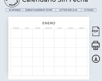 Calendario Sin Fecha Calendario Mensual Blank Spanish Monthly Calendar  Undated Spanish Planner Landscape Minimal Calendar A4 & Letter Size - Etsy