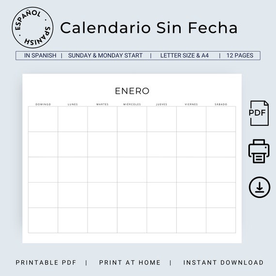 Calendario Sin Fecha Calendario Mensual Blank Spanish Monthly Calendar  Undated Spanish Planner Landscape Minimal Calendar A4 & Letter Size - Etsy