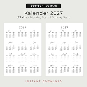 Kalender 2027 Kalender Deutsch Kalender zum Ausdrucken 2027 Deutschland PRINTABLE PDF Minimalist 2027 Calendar Portrait German A3 A4