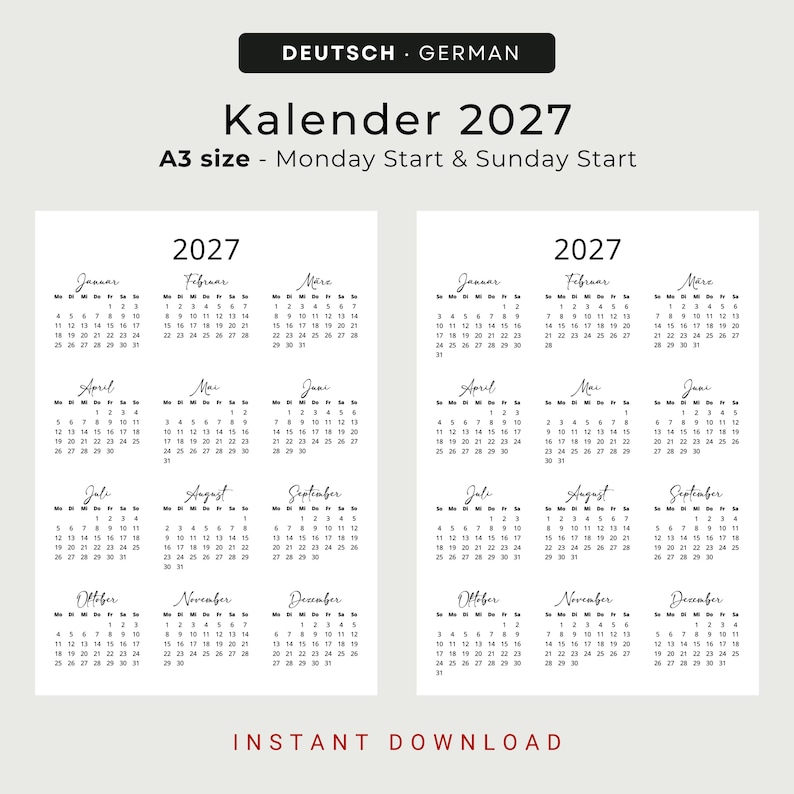 Kalender 2027 Kalender Deutsch Kalender zum Ausdrucken 2027 Deutschland PRINTABLE PDF Minimalist 2027 Calendar Portrait German A3 A4