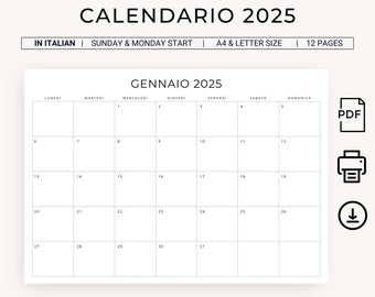 Calendario 2025 Calendario 2025 in Italiano Stampabile Calendario Italiano 2025 Calendario mensile 2025 PDF in Italiano Calendario 2025 STAMPABILE