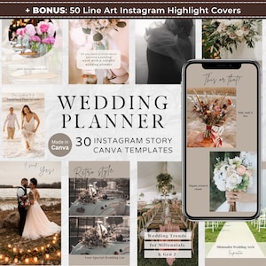 Può includere: Un collage di immagini per un wedding planner, con il testo "Wedding Planner" e "30 Instagram Story Canva Templates". Le immagini includono un bouquet di fiori, un'auto da matrimonio, un arco di matrimonio e una coppia che si sposa.