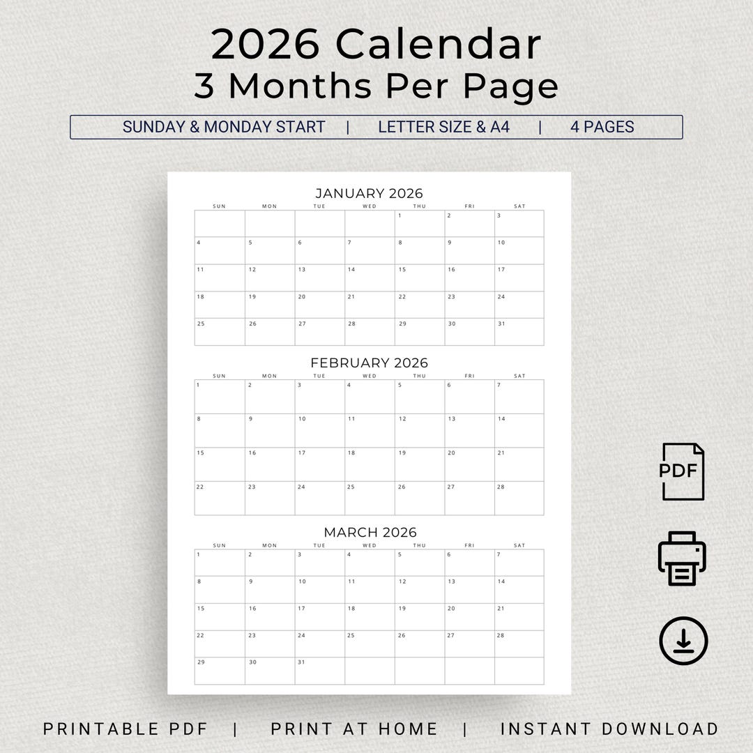 2026 Calendar 2026 3 Months per Page Calendar Monthly Calendar Planner ...