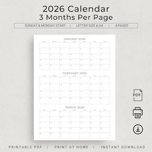 Puede incluir: Calendario imprimible 2026 con enero, febrero y marzo en páginas separadas. El calendario está diseñado para papel tamaño carta o A4 y comienza un domingo y un lunes.