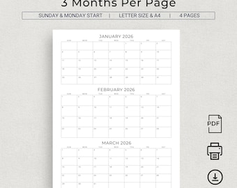 2026 Calendar 2026 3 Months Per Page Calendar Monthly Calendar Planner Printable Quarterly Office Planner 2026 Desk Planner Wall Calendar