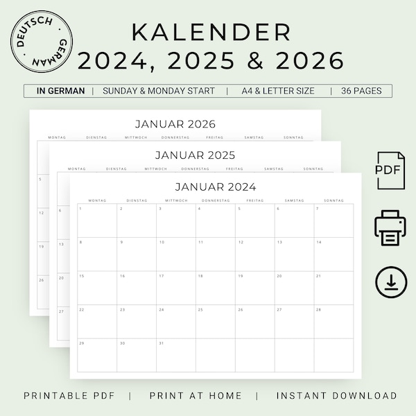 2024 2025 2026 Kalender 2024 2025 2026 Monatskalender German Calendar 3 Years PRINTABLE Monthly Calendar 2023 - 2025 Monthly Planner Deutsch