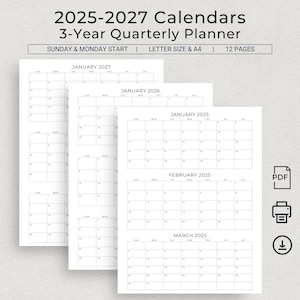 Planificador trimestral 2025-2027, calendario de 3 años, 3 meses por página, minimalista, imprimible en PDF, tamaño carta A4, 2025-2027