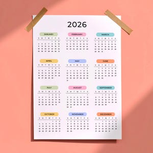 2026 Yearly Calendar 2026 Calendar Printable 2026 Wall Calendar Portrait A3 A4 US Letter Color Desk Planner 2026 PDF Sunday & Monday Start