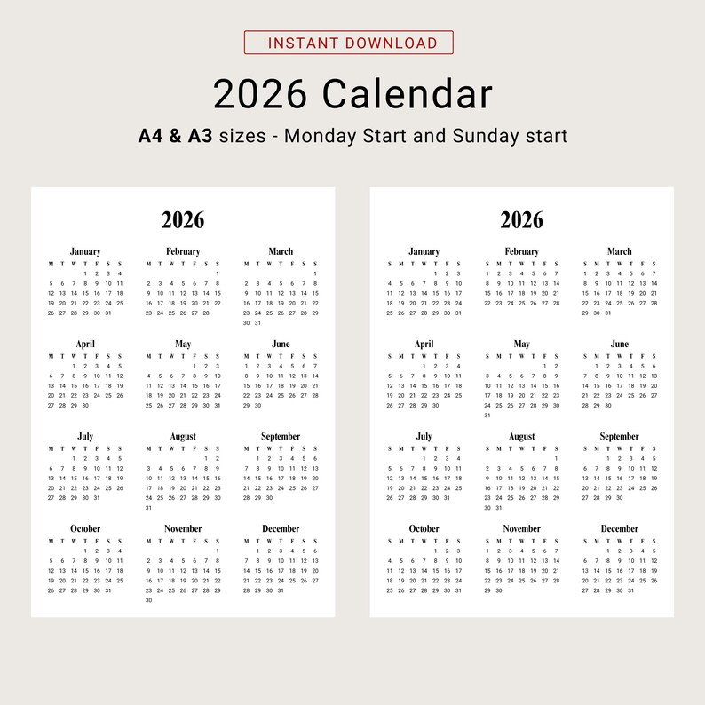 2026 Yearly Calendar 2026 Calendar Portrait Printable 2026 Wall