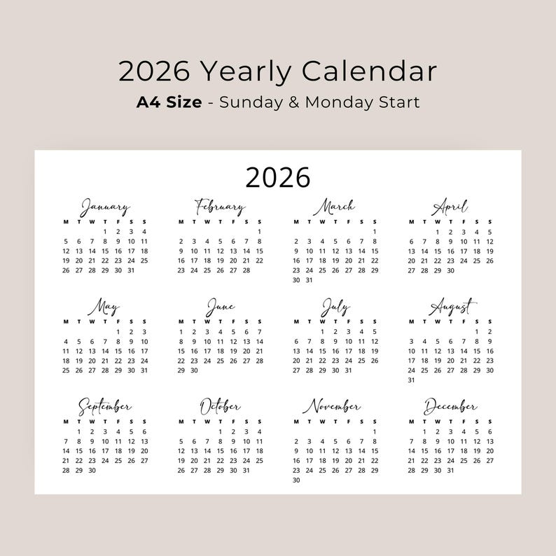 2026 Yearly Calendar 2026 Calendar Landscape Soft Minimalist Wall