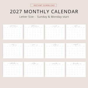 2027 Calendar 2027 Monthly Planner Landscape Elegant Wall Calendar Sunday & Monday Start 2027 A4 Letter Size Desk Planner Printable PDF