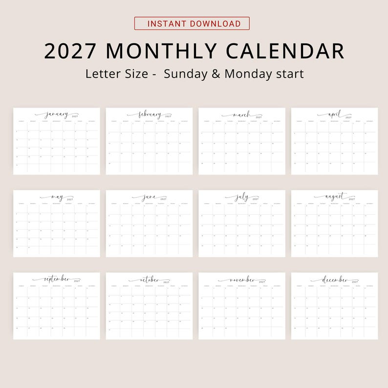 2027 Calendar 2027 Monthly Planner Landscape Elegant Wall Calendar Sunday & Monday Start 2027 A4 Letter Size Desk Planner Printable PDF