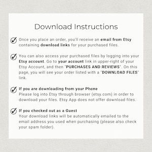 May include: A checklist of instructions for downloading digital files purchased from Etsy. The instructions include information about downloading files from an Etsy account, downloading from a phone, and downloading as a guest.