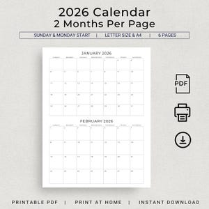 Calendario de 2 meses 2026 Planificador 2026 2 meses por página Calendario de escritorio mensual minimalista de pared 2026 PDF imprimible A4 Carta Descarga instantánea