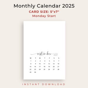 2025 Monthly Calendar 5x7 in 2025 Calendar Card PRINTABLE Elegant Small ...