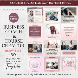 30 Pink Business Coach & Course Creator Instagram Post Canva Template Online Course Promotion Business Coaching Consultant Social Media Post