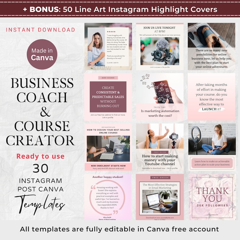 30 Pink Business Coach & Course Creator Instagram Post Canva Template ...