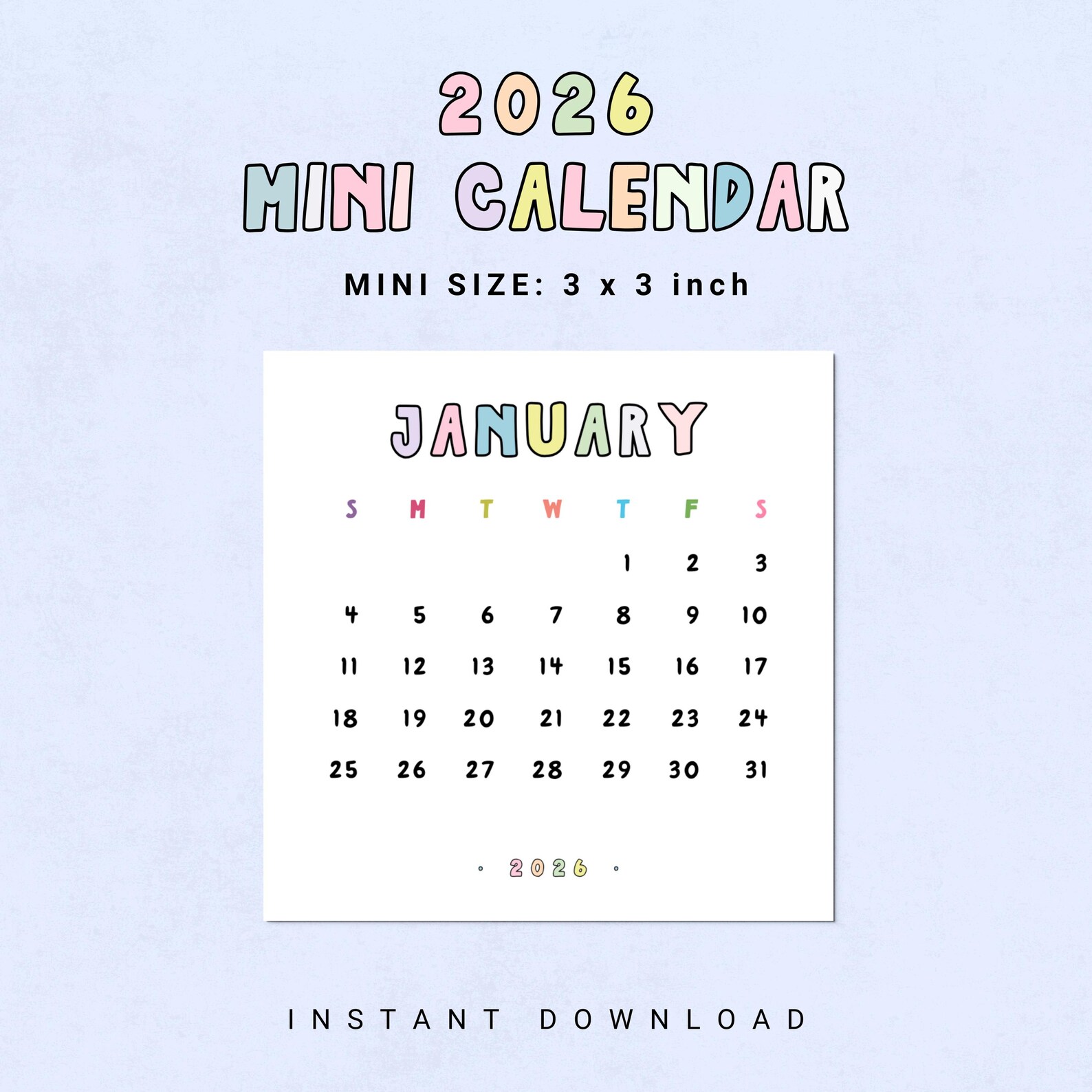 Cute 2026 Mini Calendar Printable 3x3 Inch Monthly PDF Pastel Colors ...