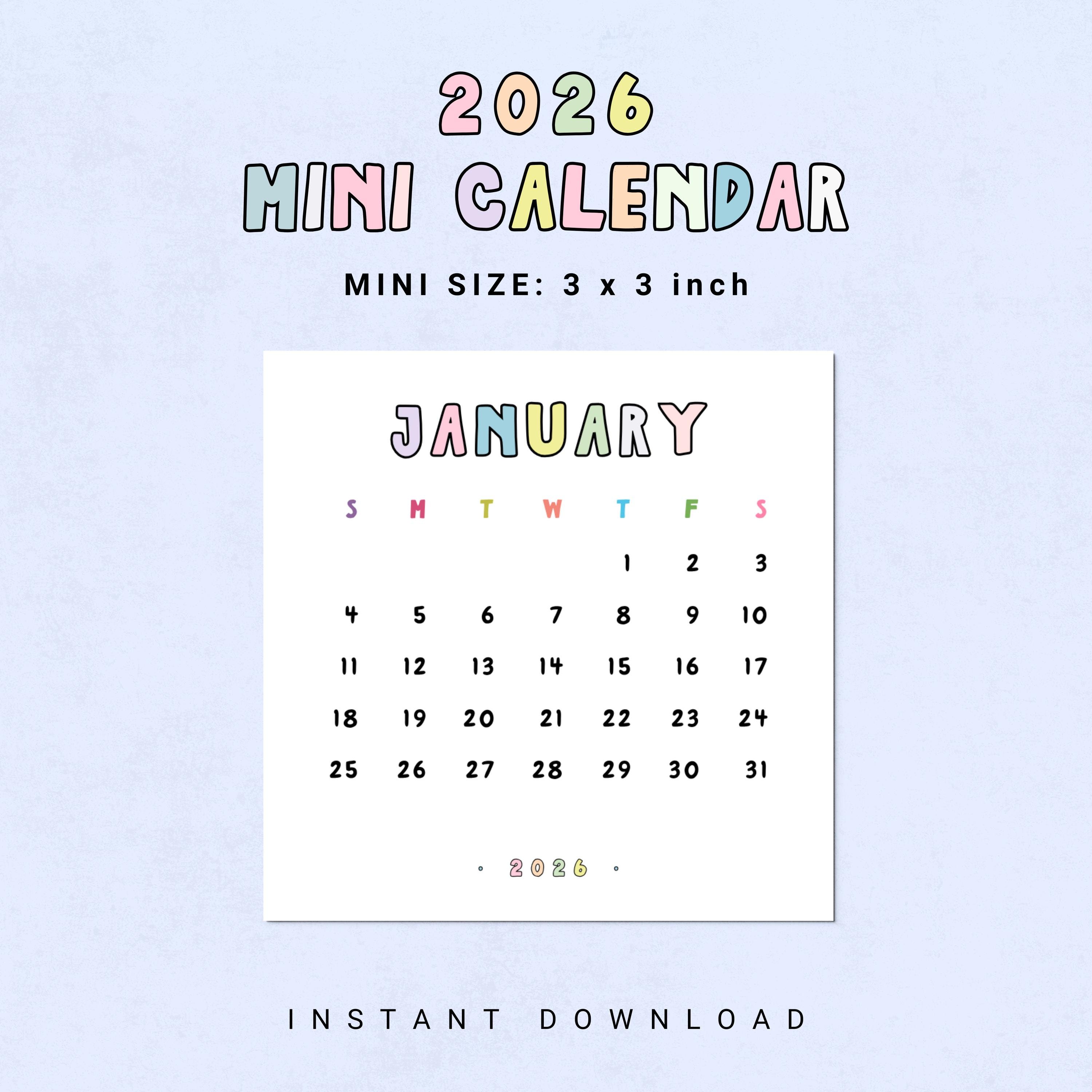 かわいい2026年ミニカレンダー 印刷可能 3 x 3インチ 月間PDF パステル