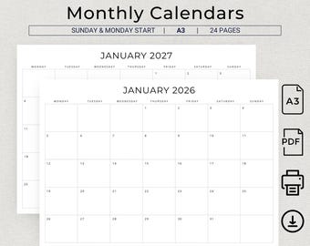 Könnte beinhalten: Weißer Monatskalender für 2026 und 2027 mit Sonntag- und Montag-Start. Der Kalender hat das Format A3 und 24 Seiten. Der Text "Druckbares PDF", "Drucken zu Hause" und "Sofort-Download" ist sichtbar.