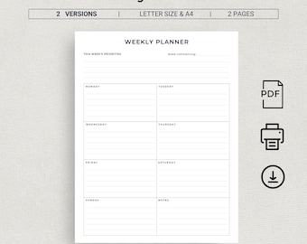 Printable Weekly Planner Vertical Minimalist Weekly Schedule Weekly Agenda Office Planner A4 Letter Size  Print At Home Undated Planner PDF