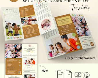 Volantino modificabile e brochure ripiegabile per l'assistenza all'infanzia Brochure abbinata + opuscolo Poster per asilo nido Modello Canva Iscrizione all'asilo nido