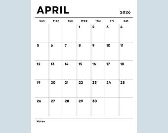 2026 Calendar Easy to Read 2026 Monthly Planner Portrait Printable PDF Wall Calendar Vertical Big Number A4 US Letter Sunday & Monday Start