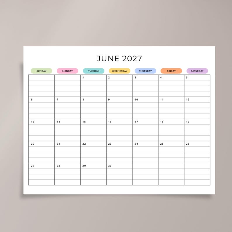 2026 2027 Monthly Calendar with Lines PRINTABLE PDF 2026 2027 Planner Lined Landscape Calendar Minimalist Color A4 Letter Instant Download