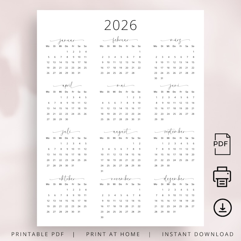 Kalender 2026 Kalender Deutsch Kalender zum ausdrucken 2026 Deutschland in German 2026 Portrait PRINTABLE German Calendar 2026 Vertical PDF