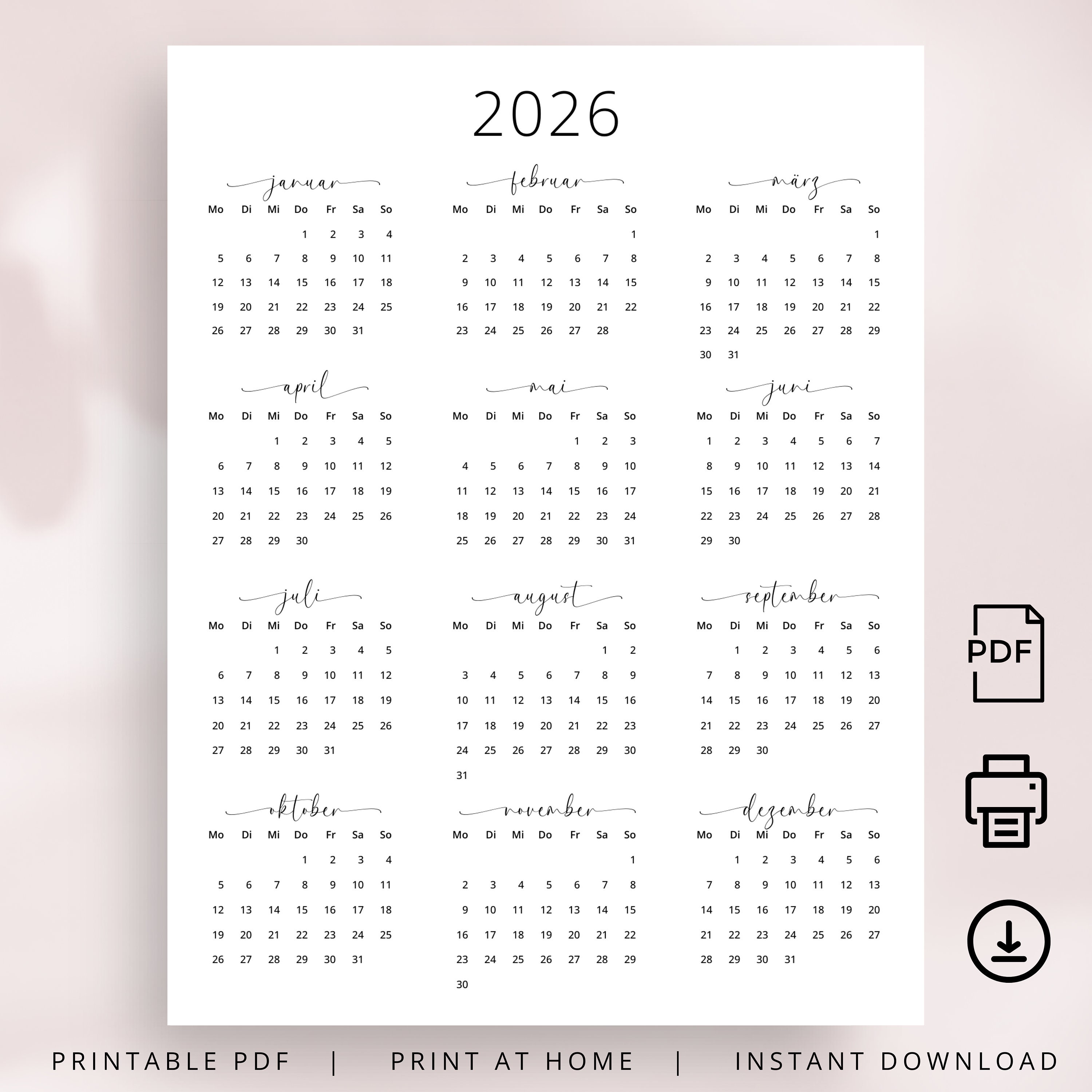 Kalender 2026 Kalender Deutsch Kalender zum Ausdrucken 2026 Deutschland