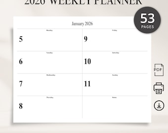 2026 Weekly Planner Dated 2026 Weekly Journal Agenda Printable PDF Minimalist Planner Landscape Classy Weekly Schedule 2026 A4 Letter Size